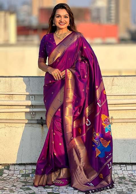 Purple Solid Silk Blend Saree Set for Diwali and Festive Wear