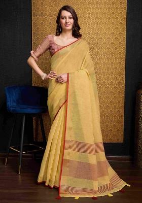 Yellow Solid Linen Saree Set