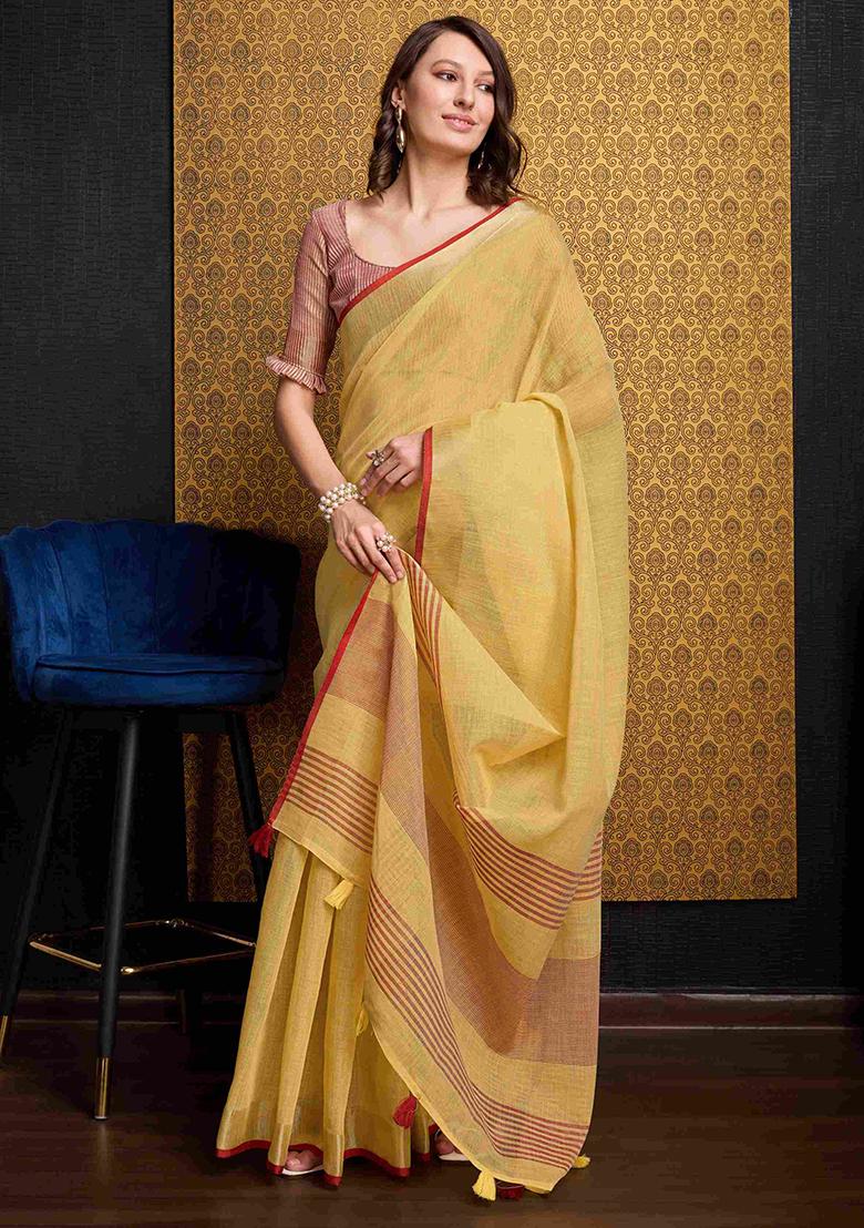 Yellow Solid Linen Saree Set