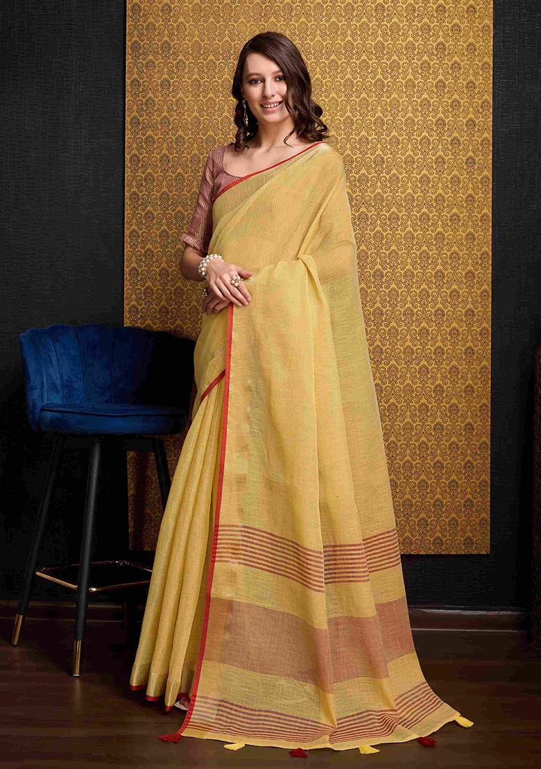 Yellow Solid Linen Saree Set