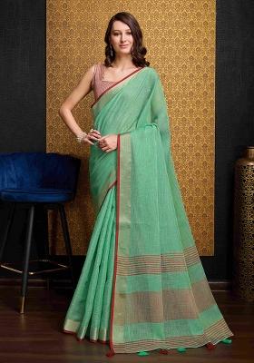 Green Solid Linen Saree Set