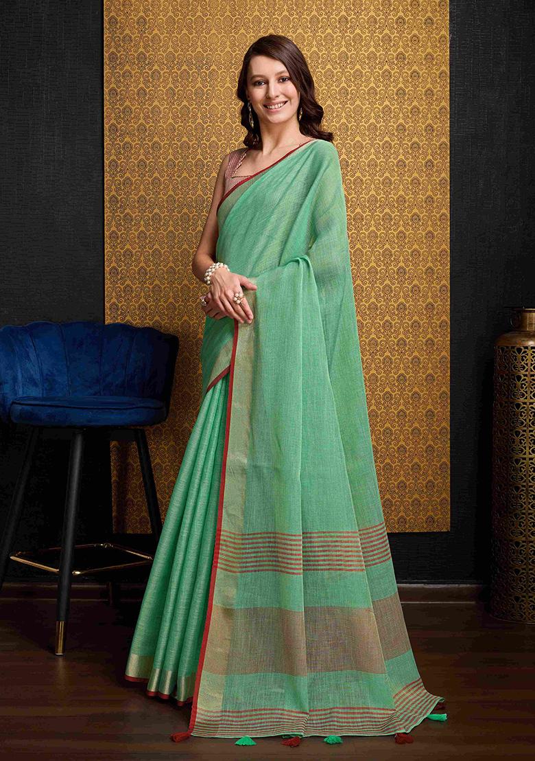 Green Solid Linen Saree Set