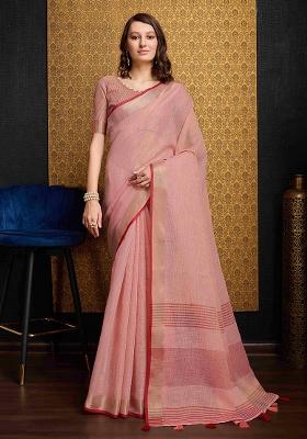 Peach Solid Linen Saree Set