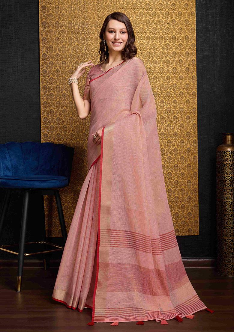 Peach Solid Linen Saree Set