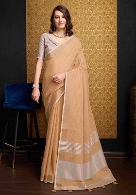 Orange Solid Linen Saree Set