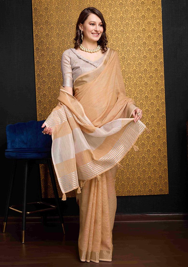 Orange Solid Linen Saree Set