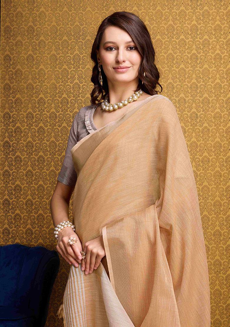 Orange Solid Linen Saree Set