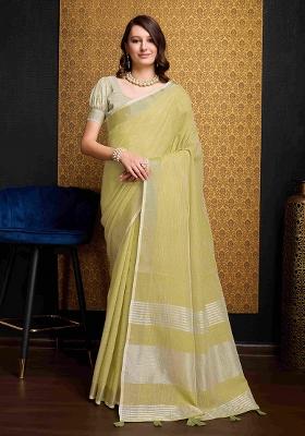Yellow Solid Linen Saree Set