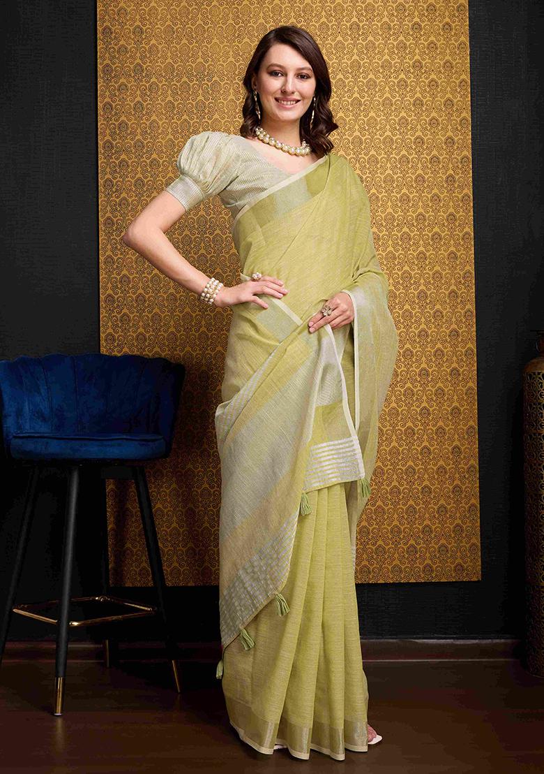 Yellow Solid Linen Saree Set