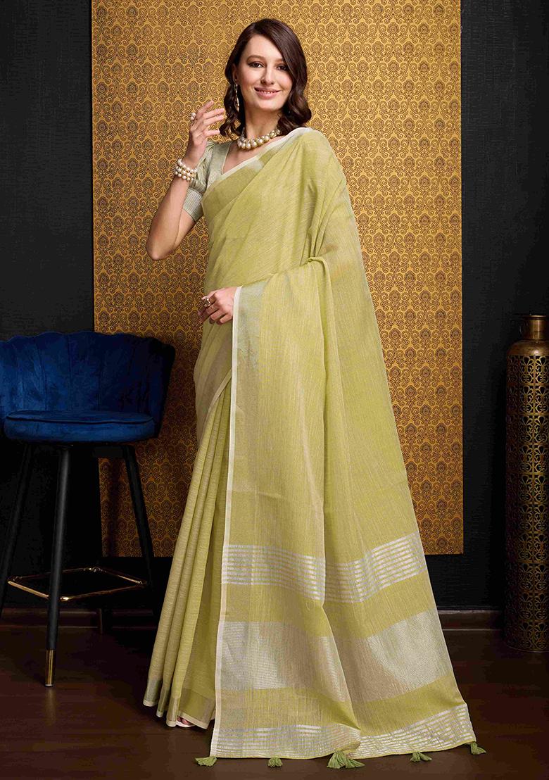 Yellow Solid Linen Saree Set