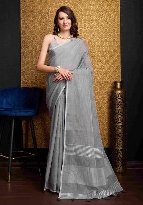 Grey Solid Linen Saree Set