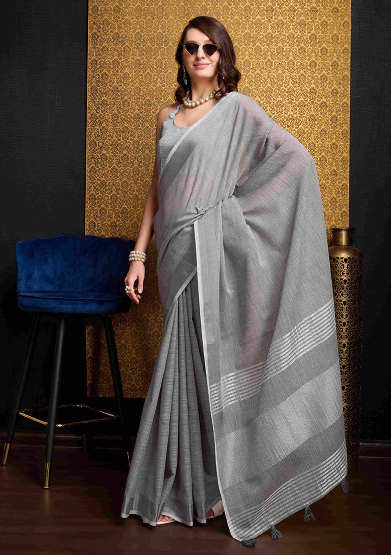 Grey Solid Linen Saree Set