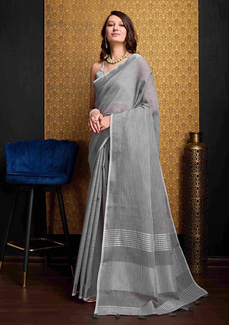 Grey Solid Linen Saree Set
