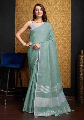 Firozi Blue Solid Linen Saree Set