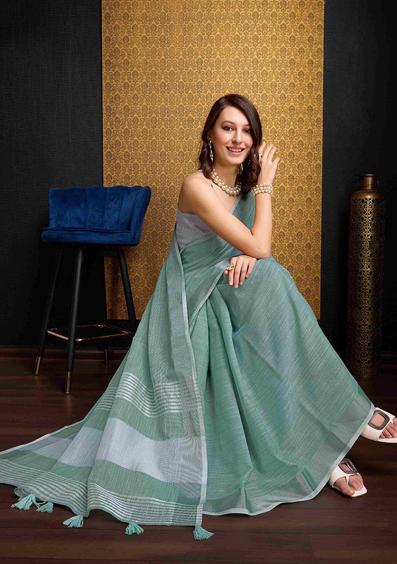 Firozi Blue Solid Linen Saree Set