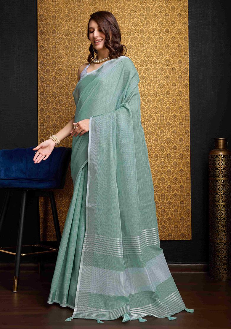 Firozi Blue Solid Linen Saree Set