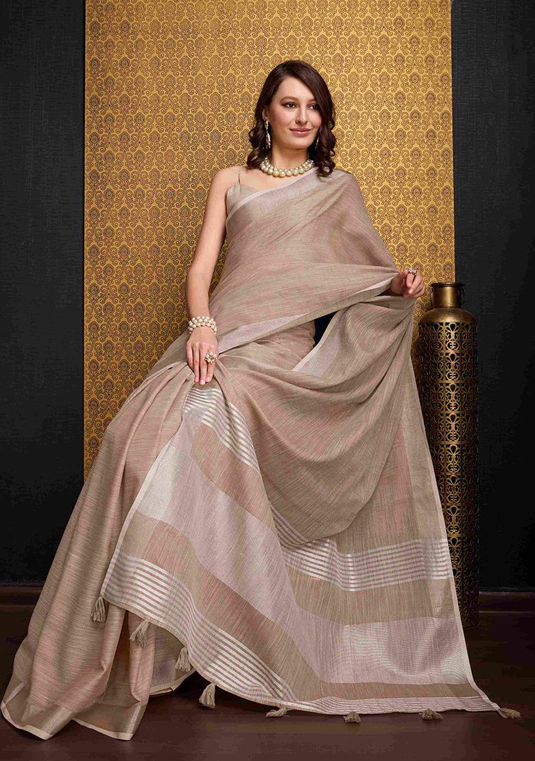 Cream Solid Linen Saree Set