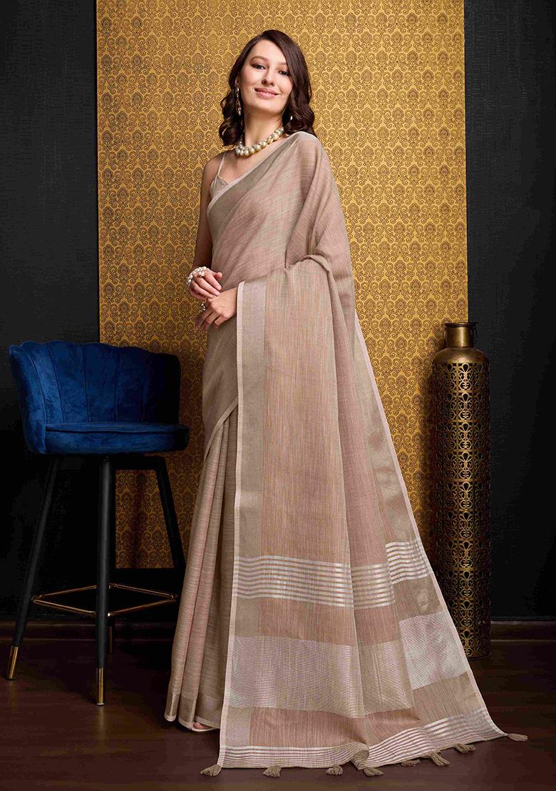 Cream Solid Linen Saree Set