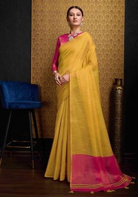 Yellow Solid Linen Saree Set