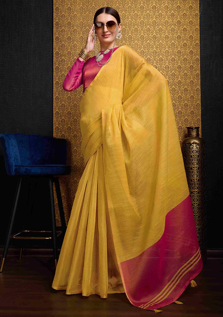 Yellow Solid Linen Saree Set