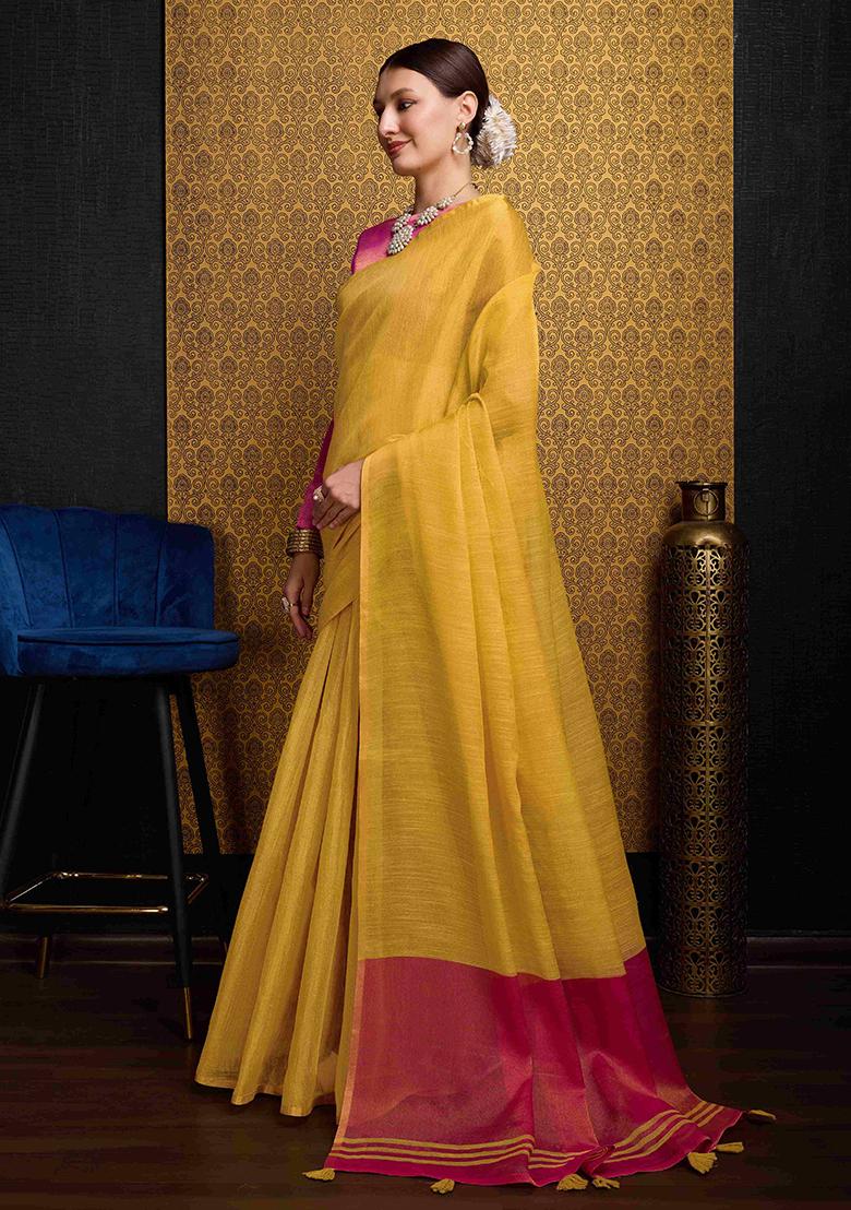 Yellow Solid Linen Saree Set