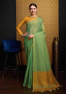 Green Solid Linen Saree Set