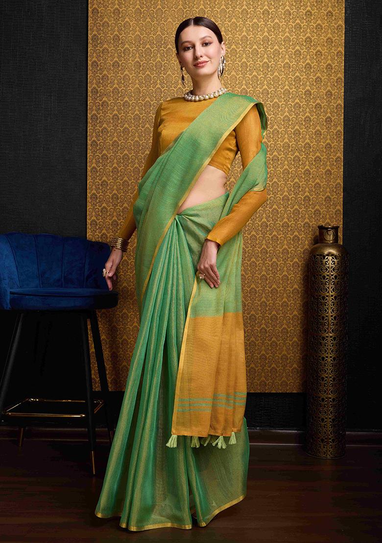 Green Solid Linen Saree Set