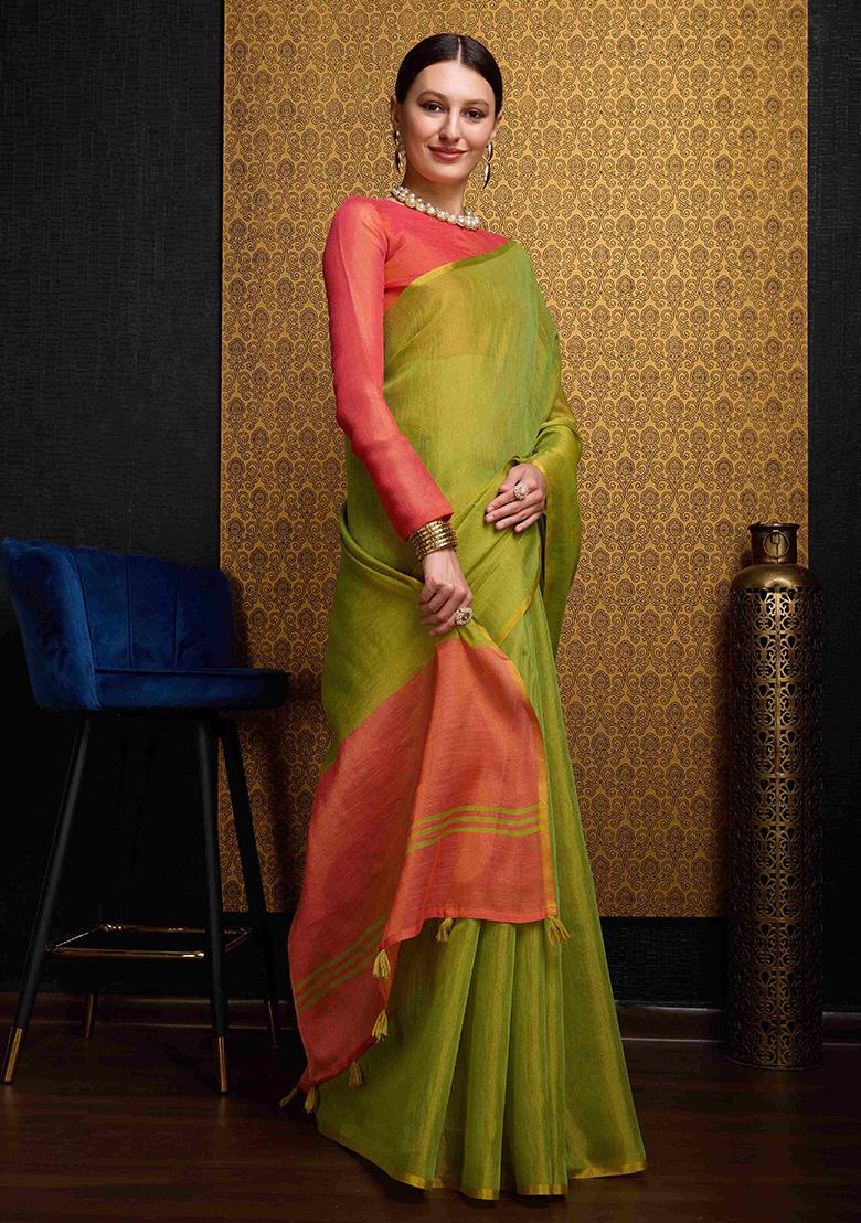 Green Solid Linen Saree Set