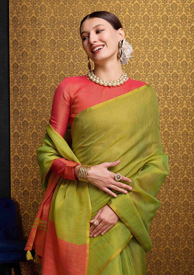 Green Solid Linen Saree Set