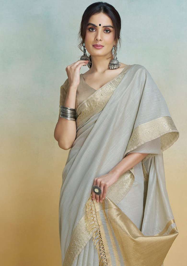 Grey Solid Silk Saree Set for Diwali | Wedding & Festive Wear - Indya