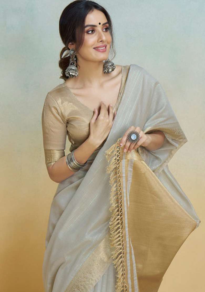 Grey Solid Silk Saree Set for Diwali | Wedding & Festive Wear - Indya