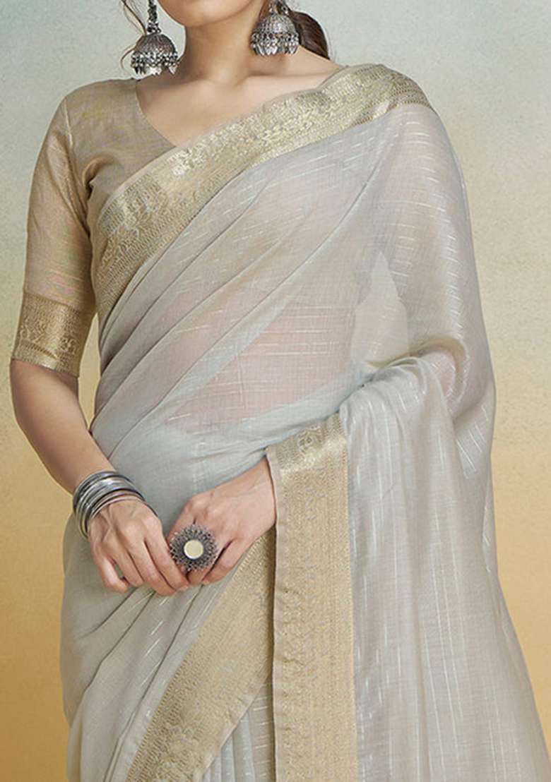 Grey Solid Silk Saree Set for Diwali | Wedding & Festive Wear - Indya