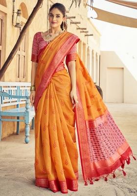 Orange Solid Silk Saree Set