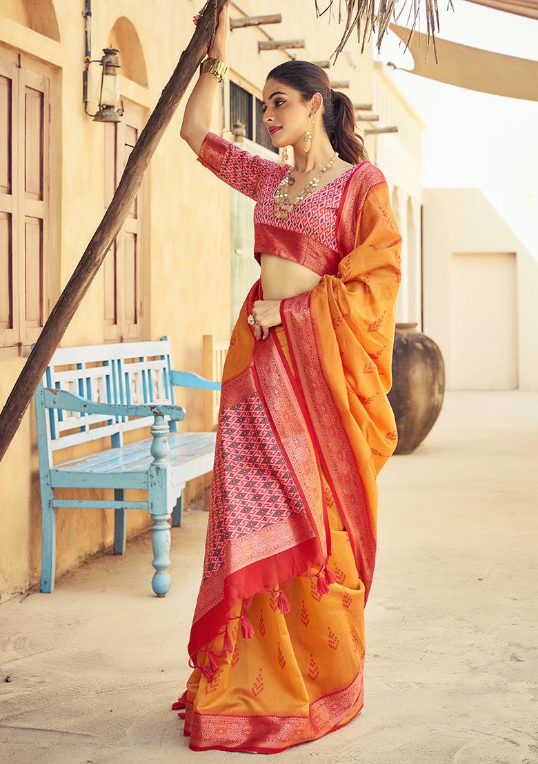 Orange Solid Silk Saree Set