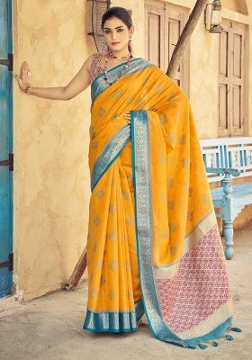 Yellow Solid Silk Saree Set
