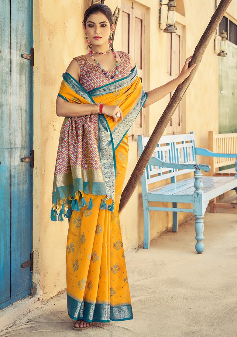 Yellow Solid Silk Saree Set