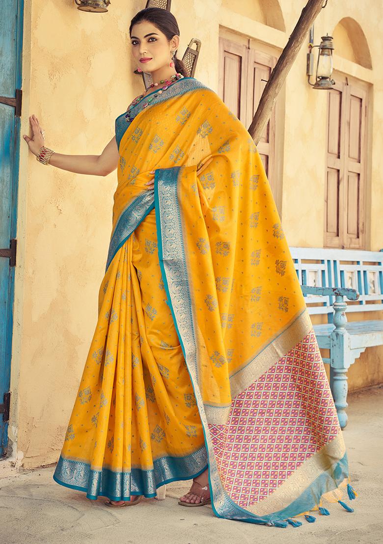 Yellow Solid Silk Saree Set