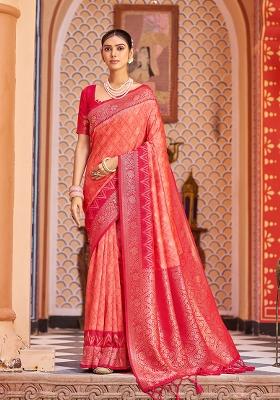 Red Solid Silk Saree Set