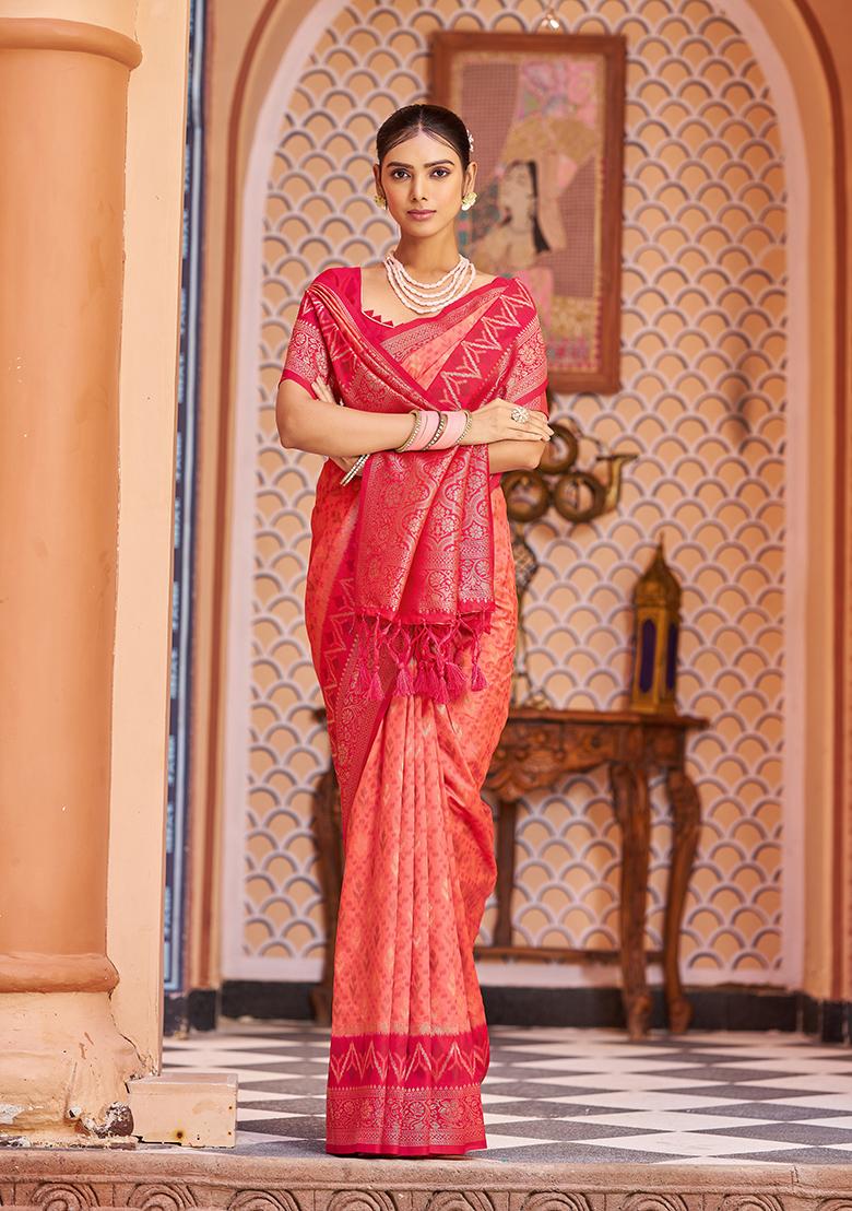 Red Solid Silk Saree Set