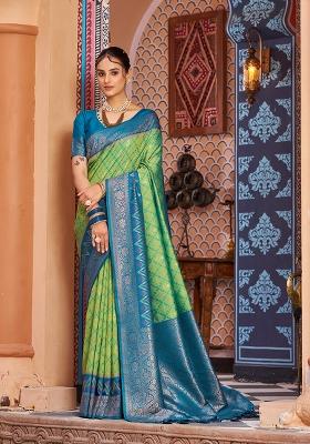 Green Solid Silk Saree Set