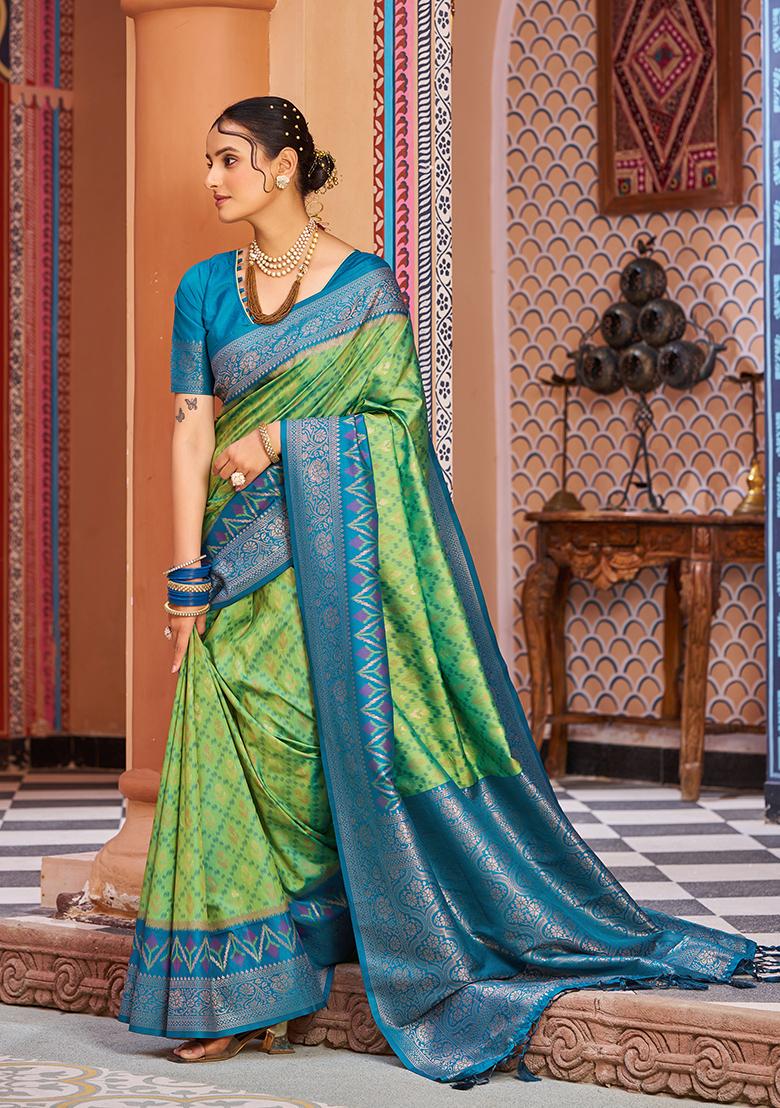 Green Solid Silk Saree Set