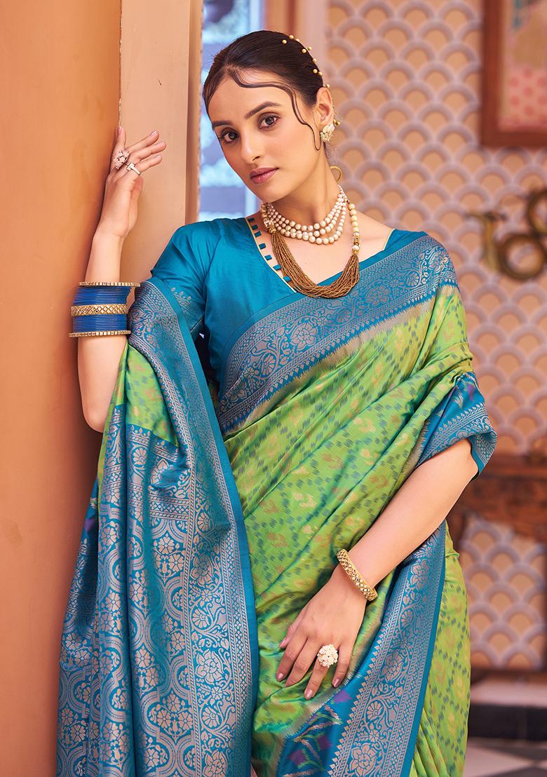 Green Solid Silk Saree Set