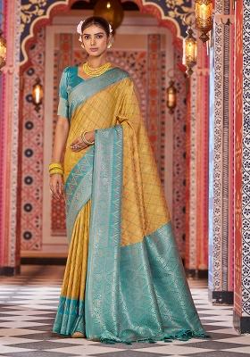 Yellow Solid Silk Saree Set