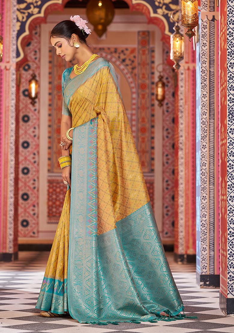 Yellow Solid Silk Saree Set