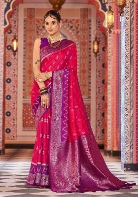 Pink Solid Silk Saree Set