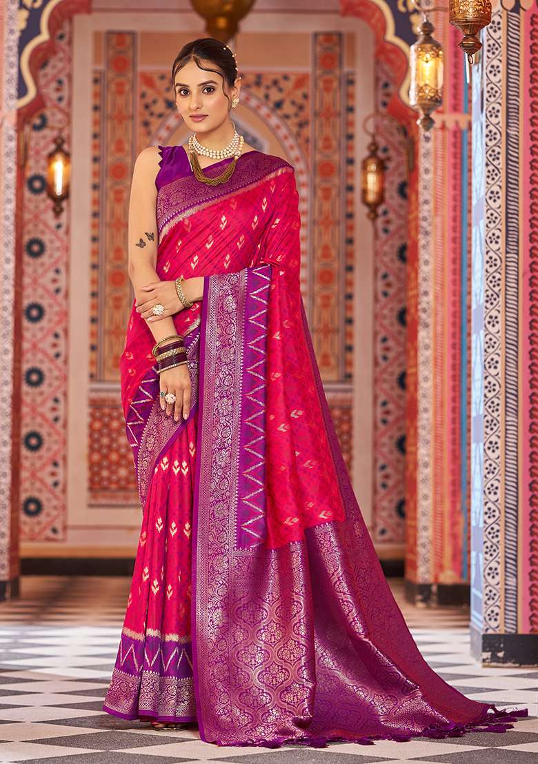 Pink Solid Silk Saree Set for Diwali | Wedding & Festive Wear - Indya