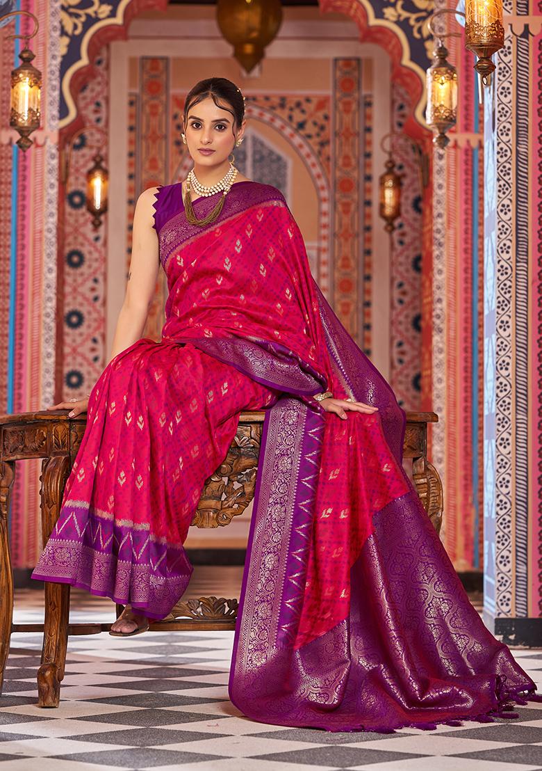 Pink Solid Silk Saree Set