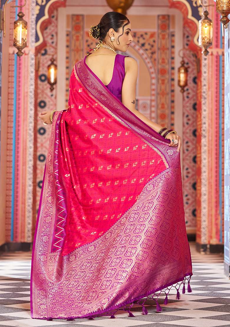 Pink Solid Silk Saree Set for Diwali | Wedding & Festive Wear - Indya