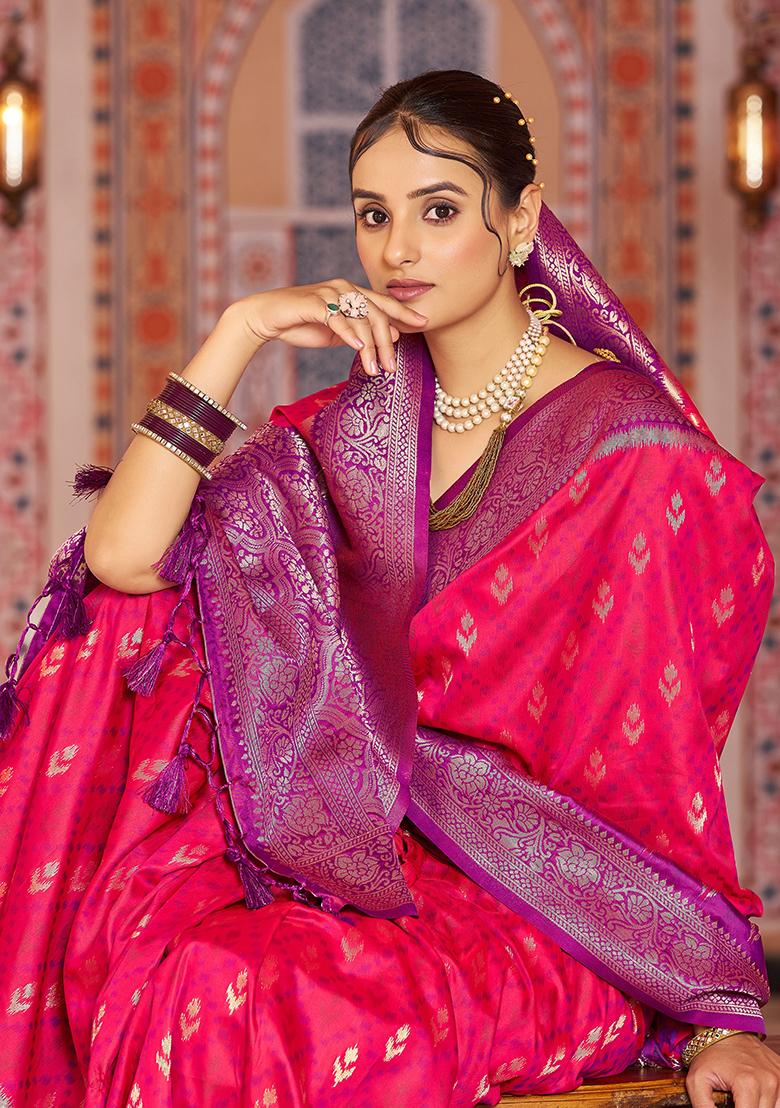 Pink Solid Silk Saree Set