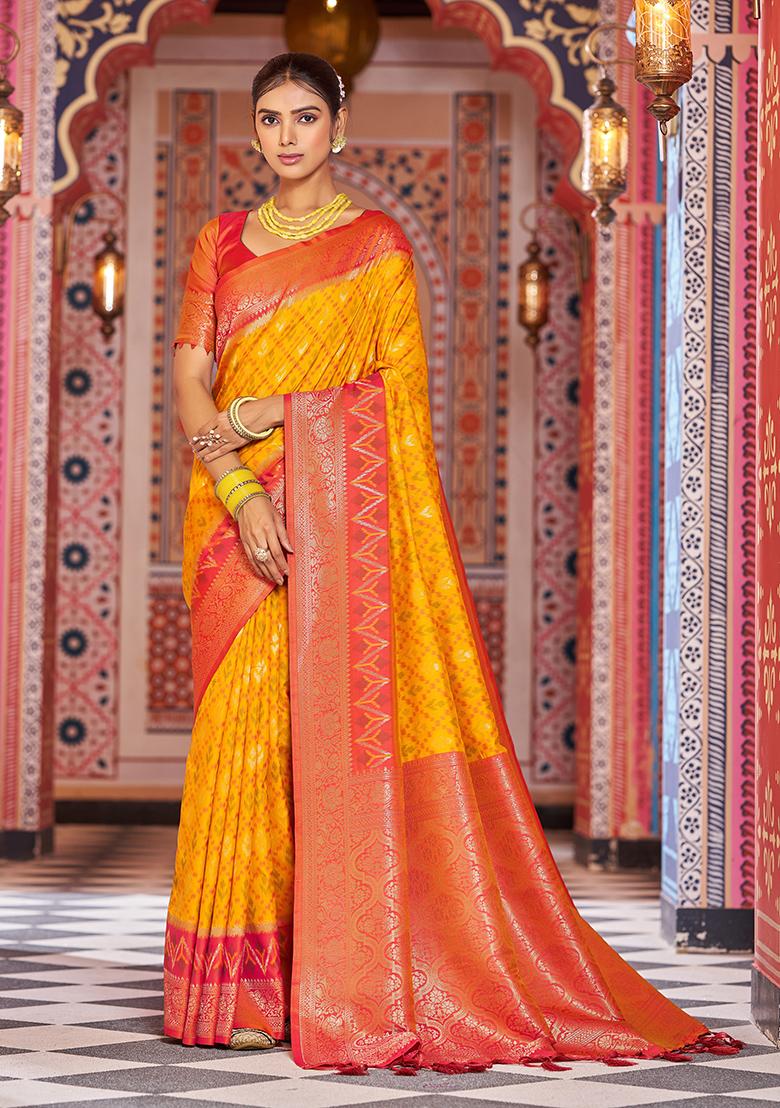 Orange Solid Silk Saree Set